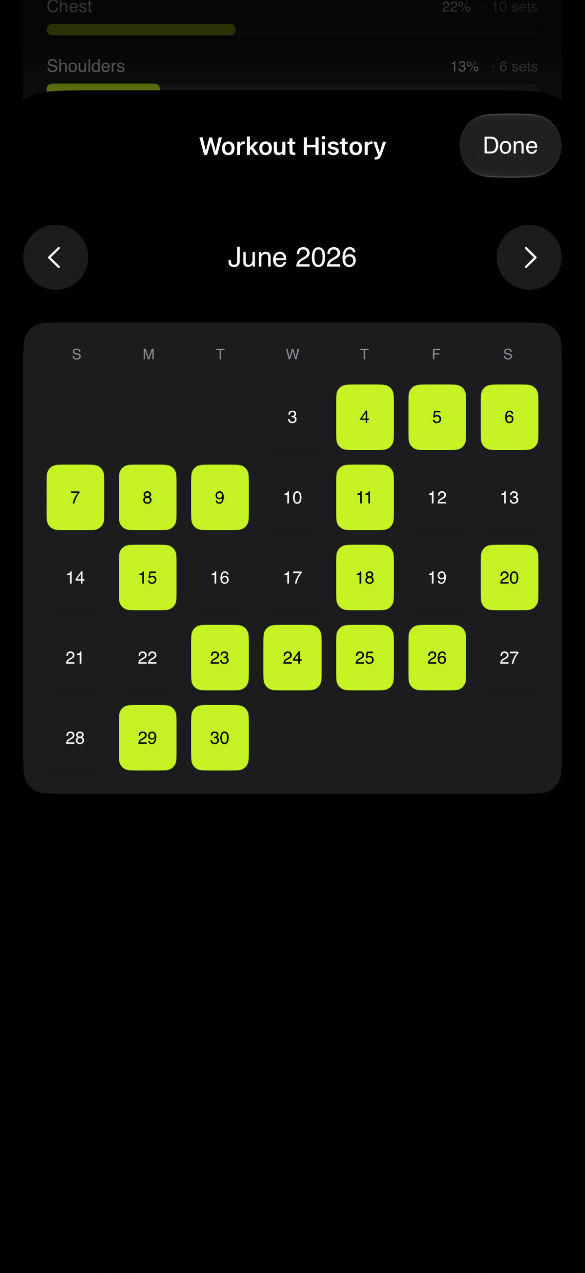 OPTIC workout history calendar synced with Apple Health