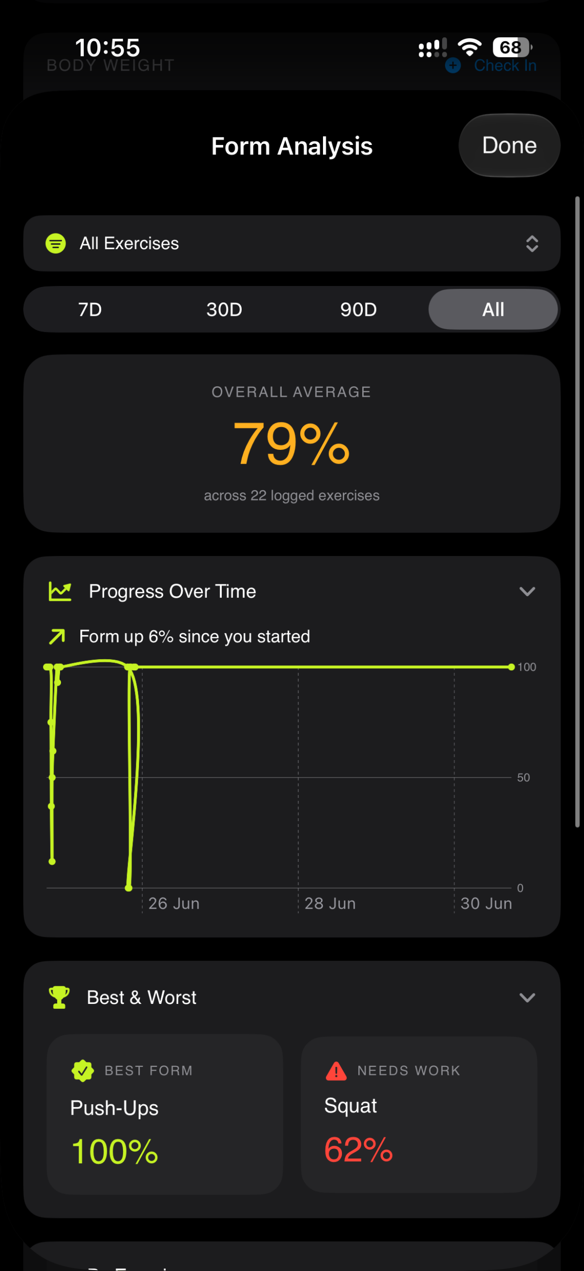 OPTIC post-workout summary with form score, muscle map, and sets, volume and estimated 1RM